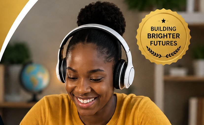 Smiling student learning online